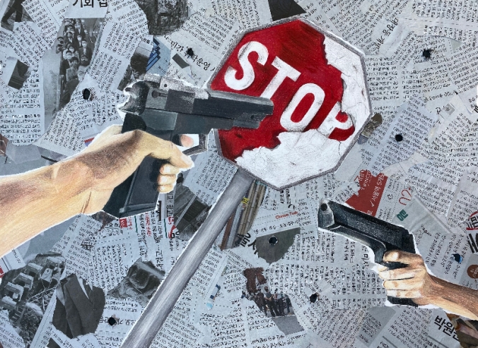 Collage with hands pointing guns at each other layered over a stop sign and newsprint.