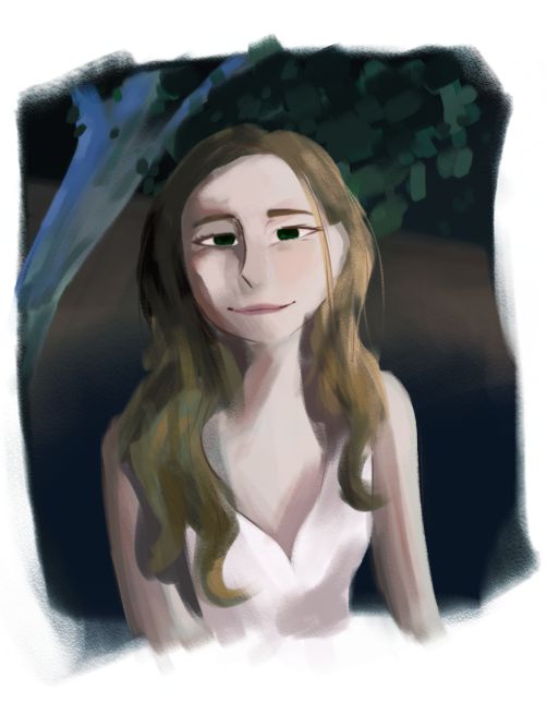 lighting and rendering exercises, by Lauren Frame. Digital illustration. Female portrait of full-face head and torso with long straight hair, closed-mouth smile, wearing a sleeveless V-neck top. In the background a tree with leaves. Colors of cream, pink, brown, gray, white, black, green.