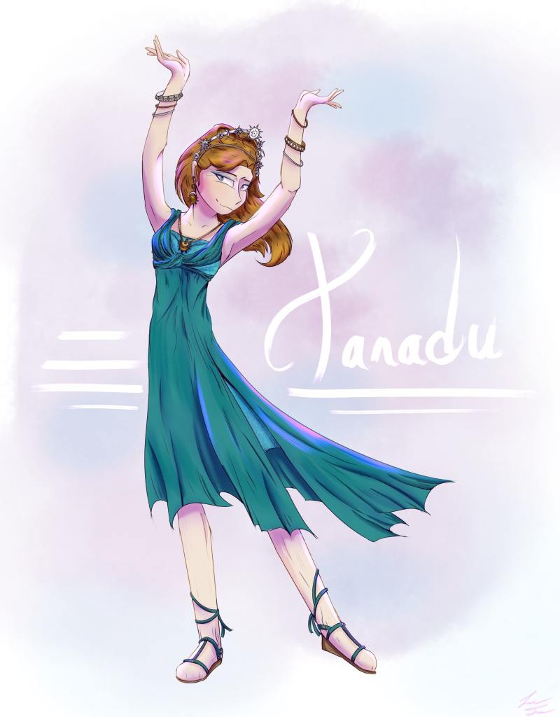 "Xanadu," through Broadway experience, by Lauren Frame. Digital illustration. Female posed with arms above head, foot pointed to the side. Colors of teal, red, pink, blue, purple, white, black.